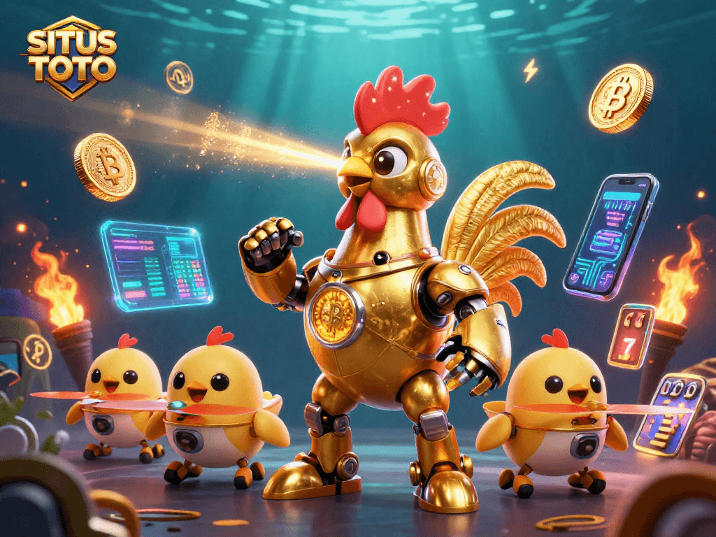 Situs TOTO memperlihatkan robot ayam emas bertarung dengan elemen kasino kaya, menarik bagi para penjudi.