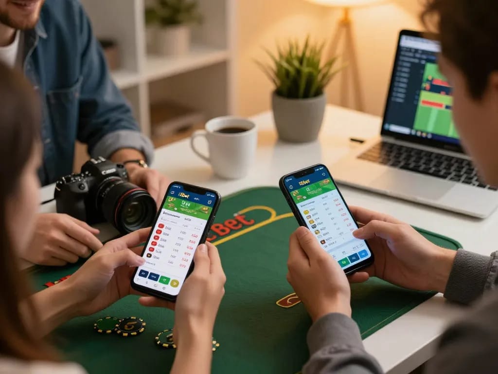 Hai người chơi cờ bạc tương tác với ứng dụng 12bet trên điện thoại thông minh để cá cược thể thao trực tuyến.