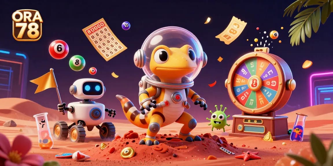 ORA 78 menampilkan gecko Mars yang berpetualang di kasino emas sambil menggenggam tiket keberuntungan.