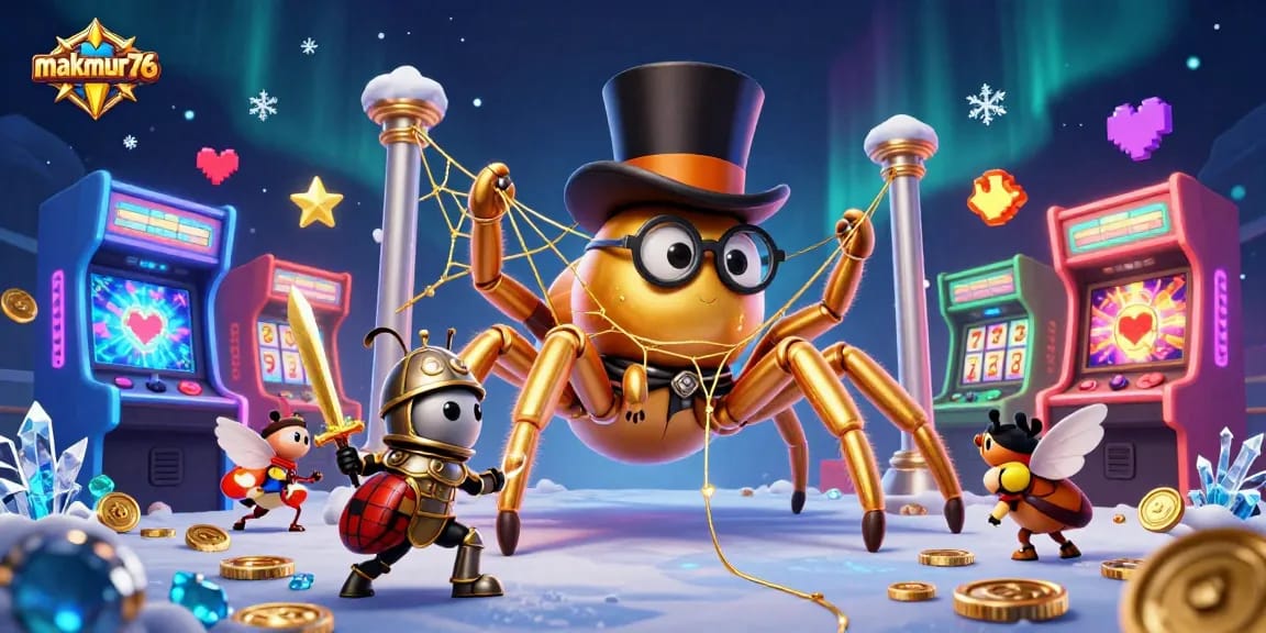 Experience the thrilling world of makmur76 with a dynamic casino scene featuring vibrant arcade elements and playful characters.