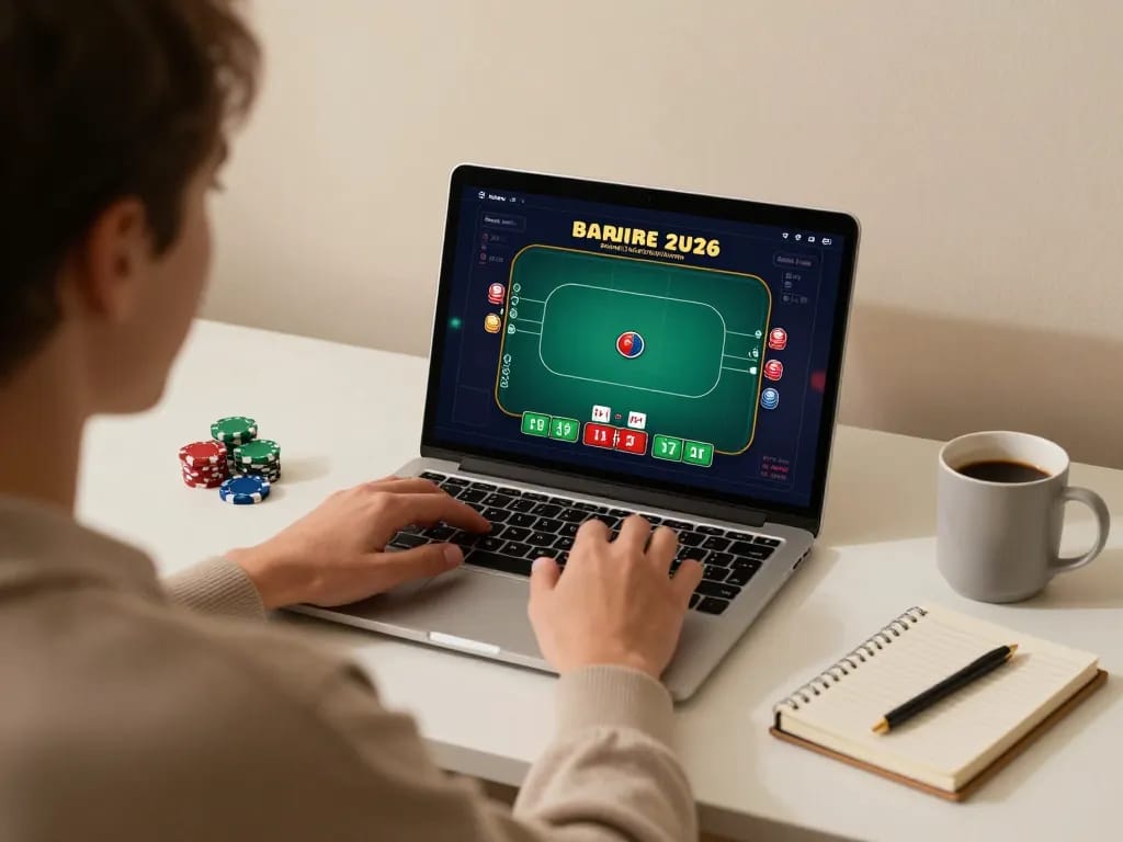 rokok88 player strategizing bets while engaging in online poker gaming from a stylish home office