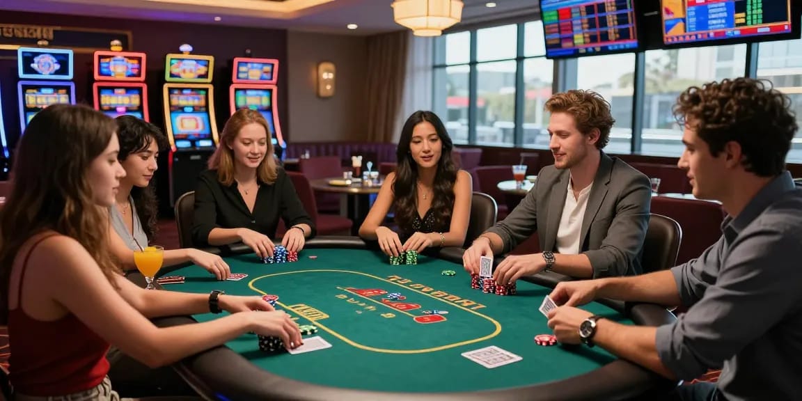 Exciting gambling scene featuring friends at a poker table with tempototo chips and cocktails in a vibrant casino atmosphere.