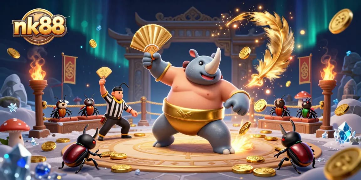 Experience the excitement of nk88 with our vibrant beetle sumo showdown, featuring golden coins and dynamic elements!