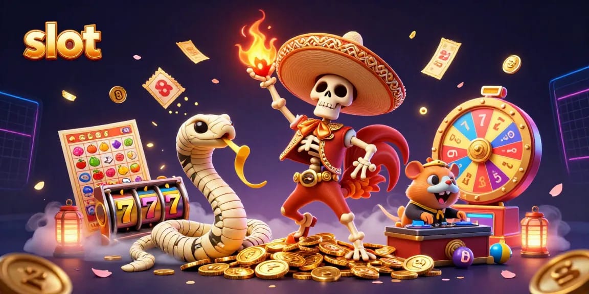 Win big with slot games featuring a vibrant scene of characters celebrating on golden coins.