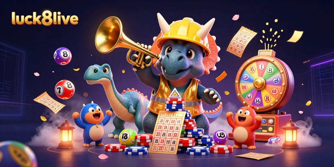 Engage with luck8live's dynamic gaming experience featuring a festive 3D casino scene with vibrant elements.
