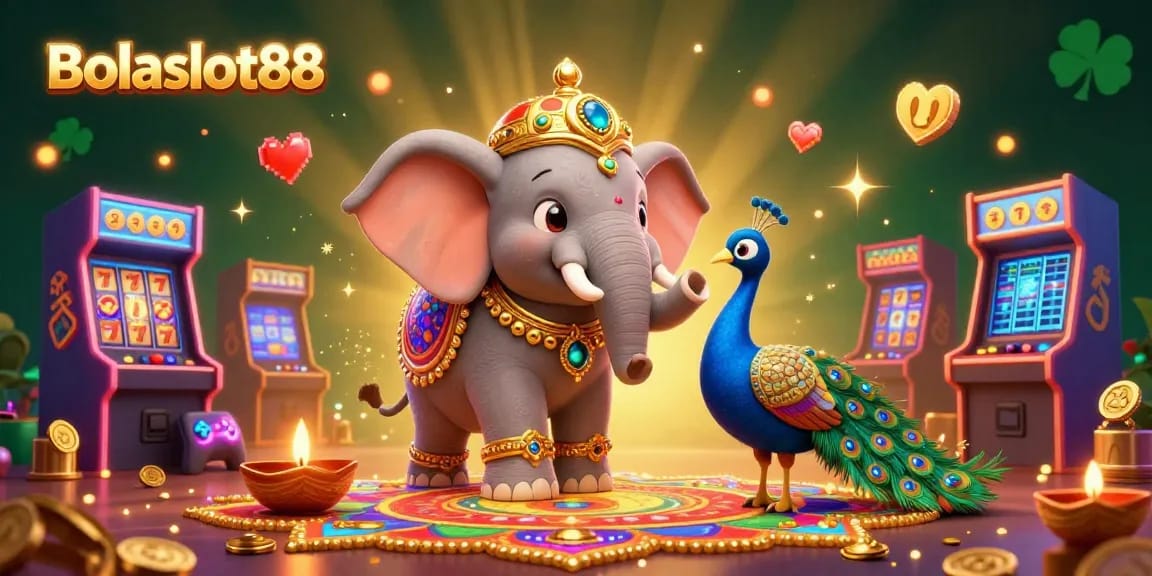 Bolaslot88 offers a vibrant gaming experience with a Diwali-themed elephant, slot reels, and arcade games.