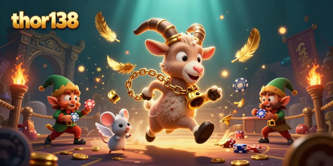 Ilustrasi kasino HOROR THOR138 dengan karakter lucu, suasana meriah dan permainan seru.