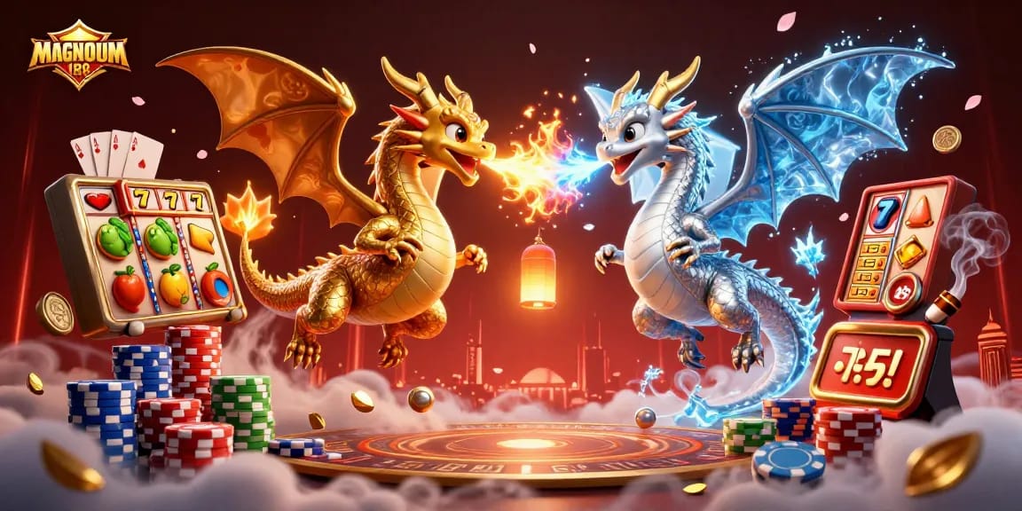 Engage in thrilling gameplay with MAGNUM188 featuring dynamic dragons and vibrant casino elements.