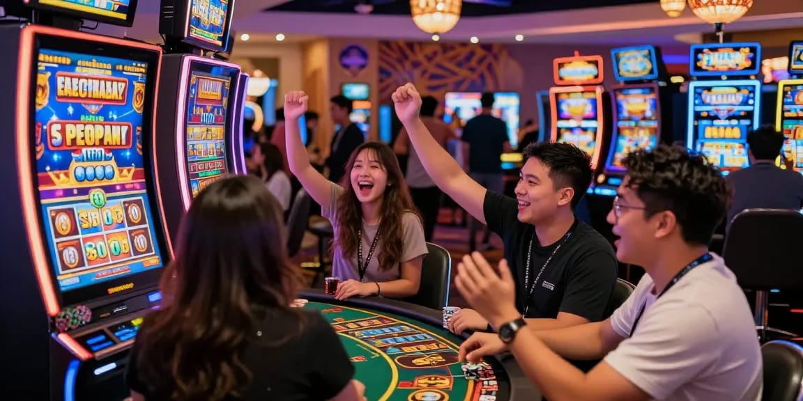 Celebrating friends at a slot gacor machine in a vibrant casino atmosphere.