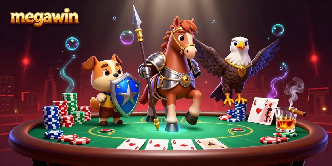 Menangkan jackpot di MEGAWIN dengan simbol keberuntungan dan suasana kasino yang ramai.