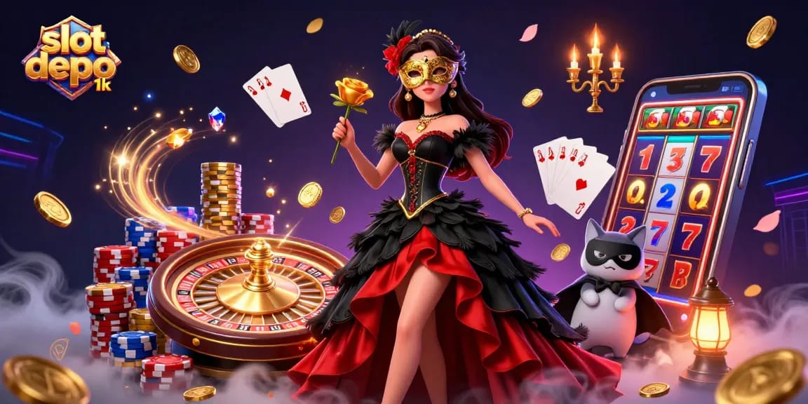 Engage with slot depo 1k featuring rich visuals of jackpots, coins, and a glamorous casino scene.
