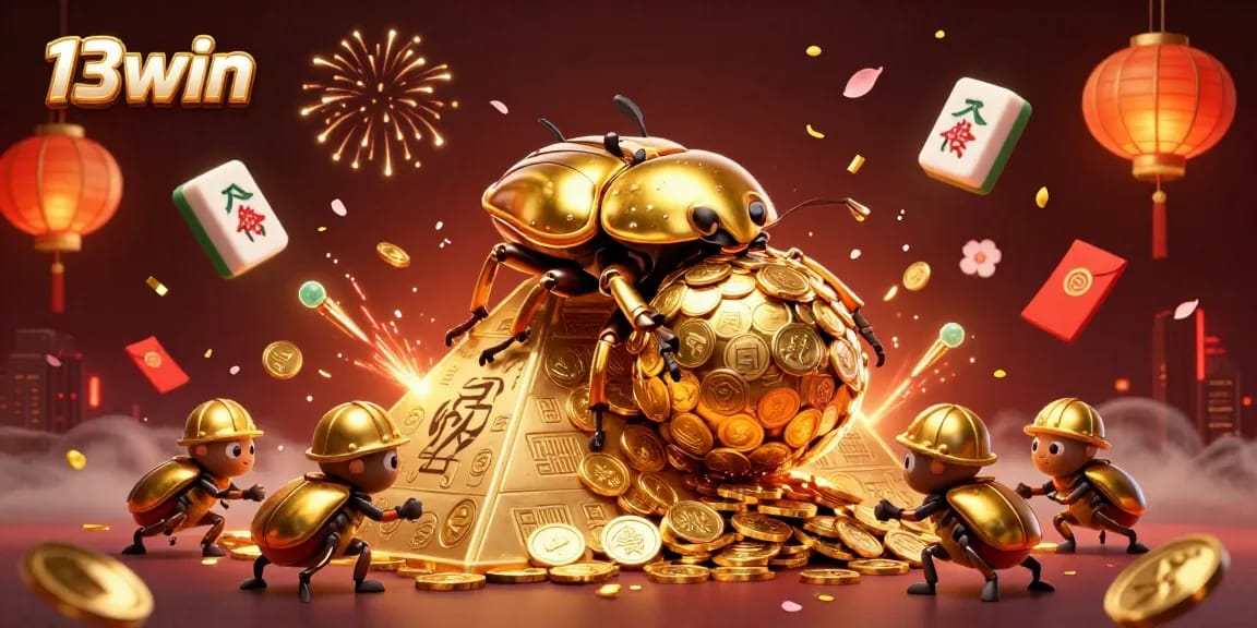 Experience thrilling casino excitement with 13win's vibrant game elements in a dynamic 3D illustration.