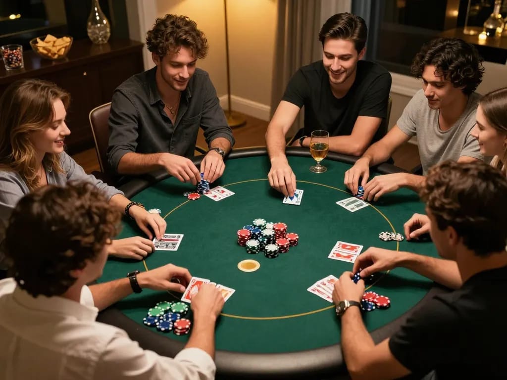 Friends enjoying an exciting poker night at home, showcasing vic88 themed cards and chips.