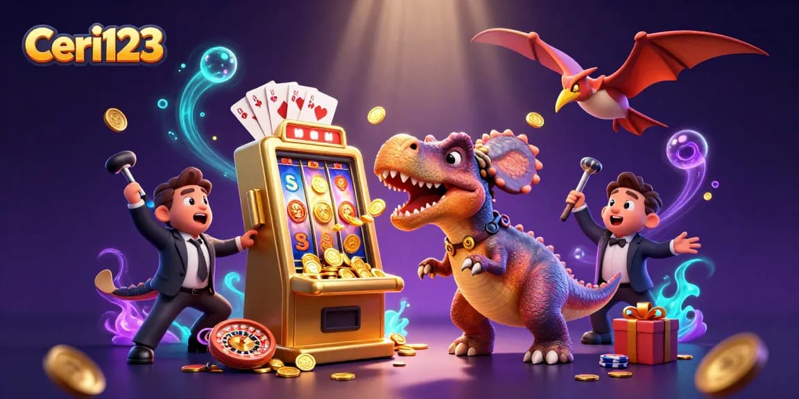 Ceri123 showcases a pachycephalosaurus hitting a golden slot machine, coins flying everywhere in a vibrant casino scene.