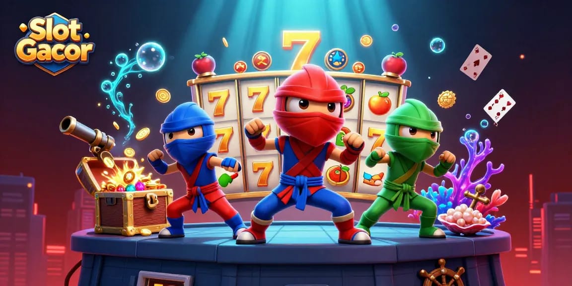 Mengungkap kesenangan Slot Gacor dengan ninja chameleon yang beraksi, dikelilingi simbol keberuntungan.
