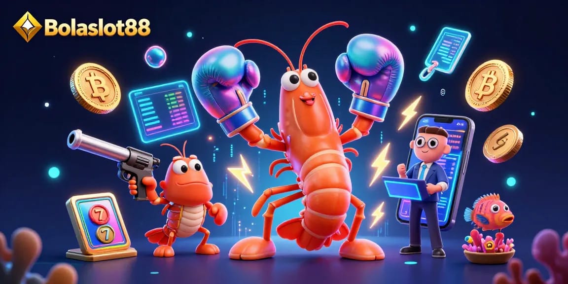 Bolaslot88 players engage with vibrant slot machines and crypto elements in a lively digital casino scene.