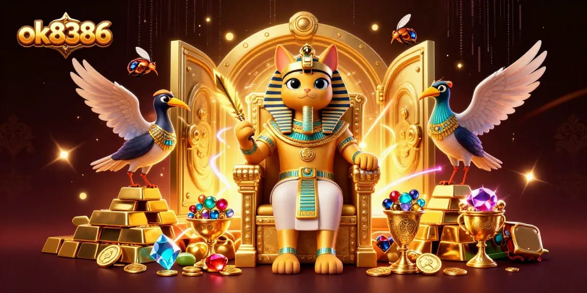 Immerse in the vibrant gaming world at ok8386, featuring a pharaoh cat and treasure in rich details.