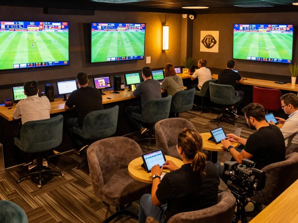 Engaging viewers with kết quả bóng đá trực tuyến through live sports betting insights and dynamic interactions at a modern lounge.