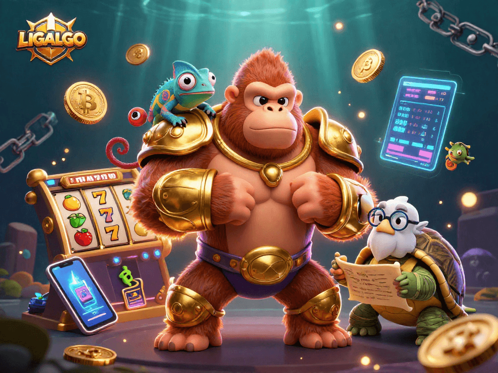 LIGALGO showcases a powerful gorilla king illustrating casino excitement with vibrant gaming elements.