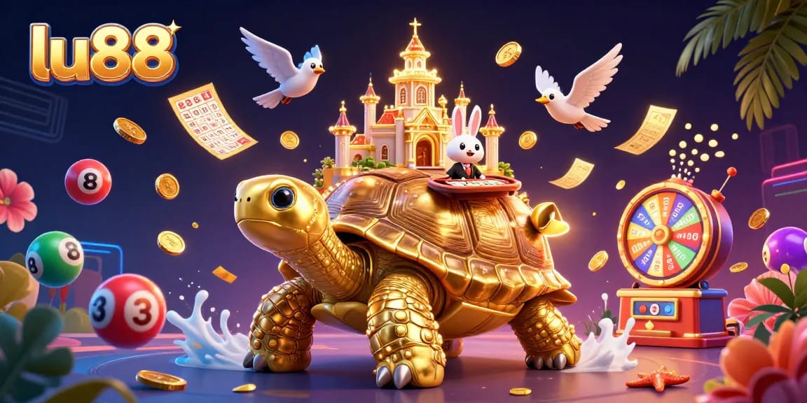 Engage with exciting casino action at lu88, featuring a golden tortoise casino palace and energetic game elements.