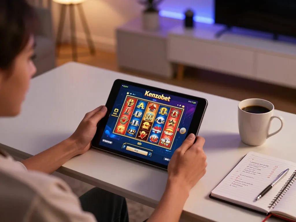 Engaged player enjoying Kenzobet slot game on tablet with strategic notes nearby.