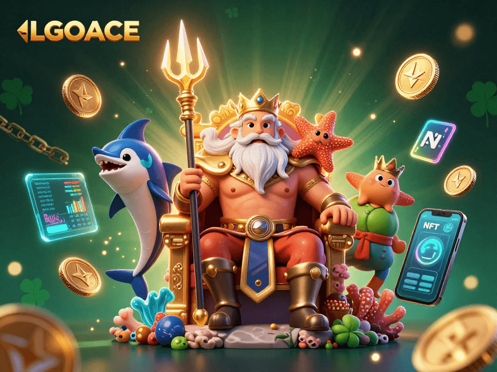 LGOACE showcases an energetic casino atmosphere with Neptune, crypto coins, and vibrant game elements.
