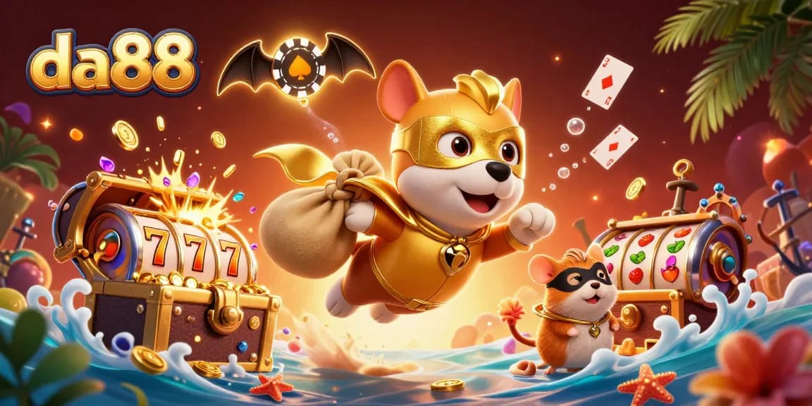 Join the fun with da88 - a superhero dog and hamster promoting casino excitement!