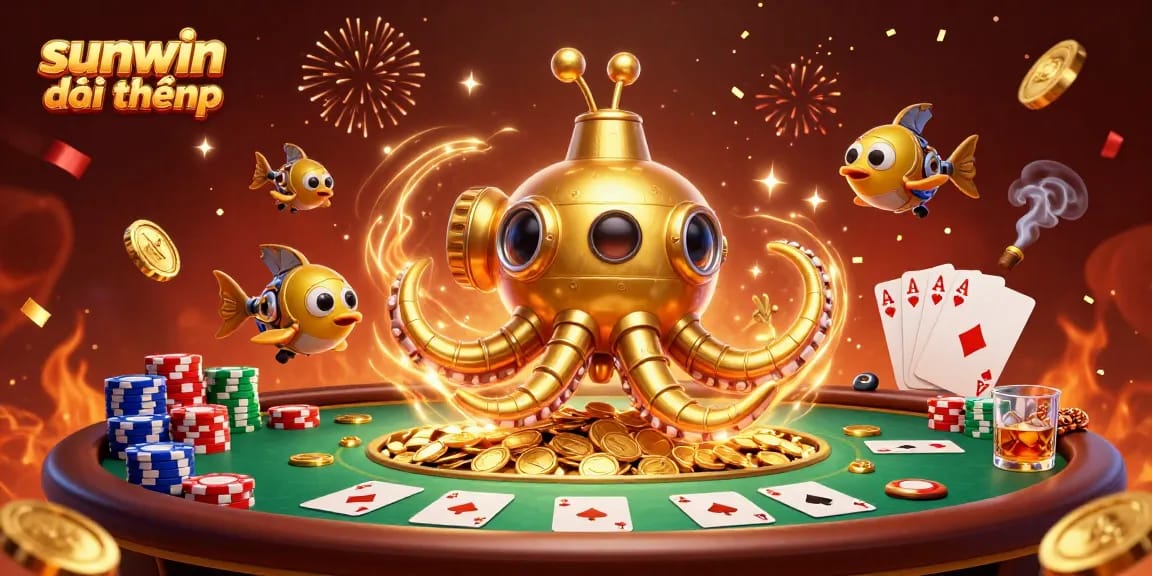 Experience the excitement with sunwin đổi thưởng at a dynamic poker-themed illustration featuring a golden kraken submarine.