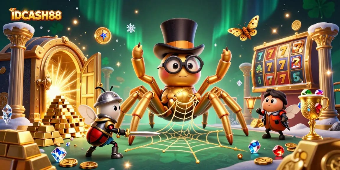 IDCASH88 engages players in an imaginative casino scene featuring a golden tarantula and beetle knight.