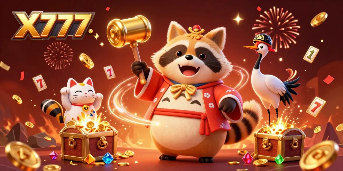 X777 mobile app features a joyful tanuki celebrator with lucky charm elements amidst casino-inspired visuals.