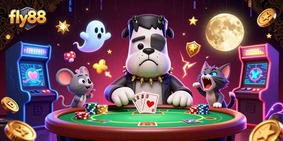 fly88 poker table scene with monster characters engaging in gameplay surrounded by vibrant gaming elements