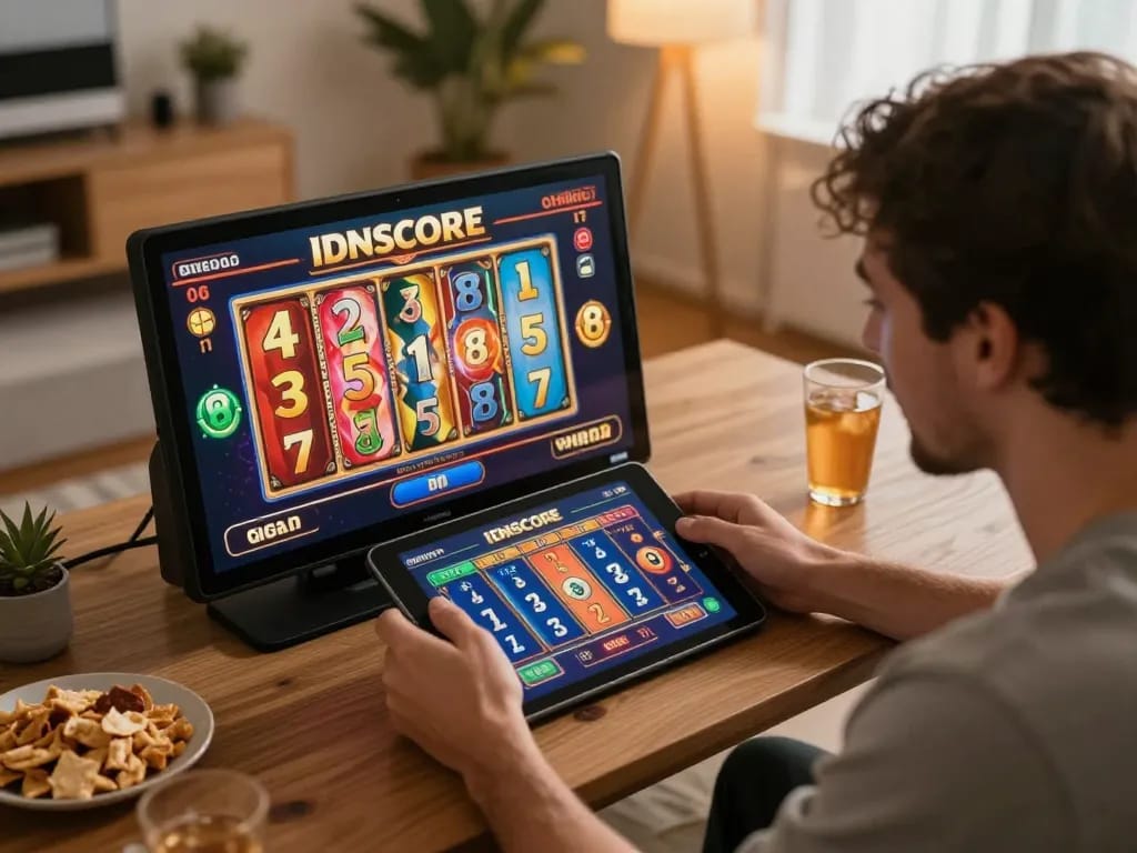 IDNSCORE player enjoying vibrant slot game on tablet in cozy home setup, illustrating online gaming excitement