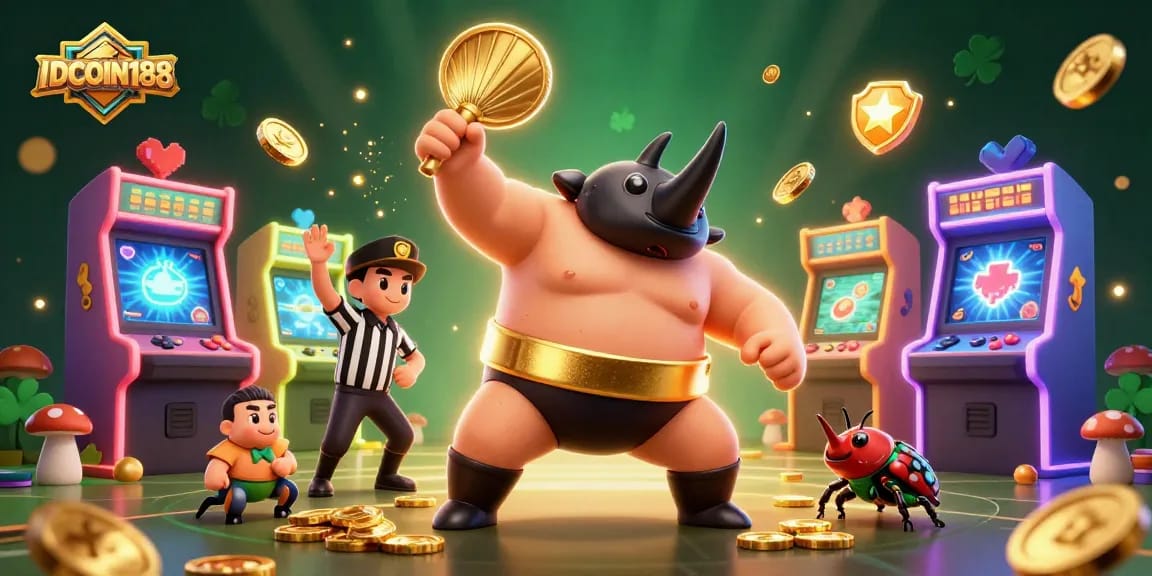 IDCOIN188 celebrates gaming with a lively beetle sumo match amidst casino-themed elements.