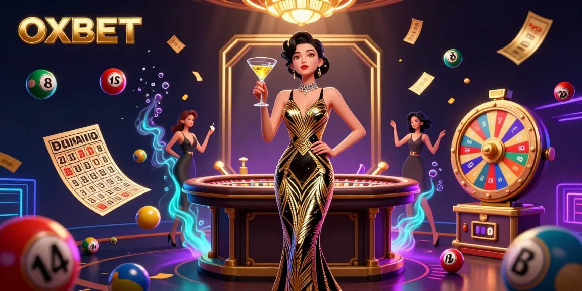 Experience the excitement of OXBET as an elegant woman celebrates with a roulette table and colorful lottery elements.