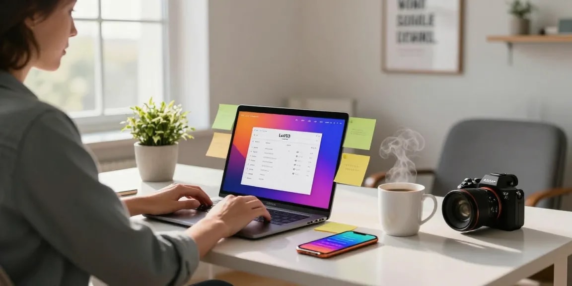 Properti dan lingkungan kerja di rumah dengan Leci123 di laptop, suasana produktif.