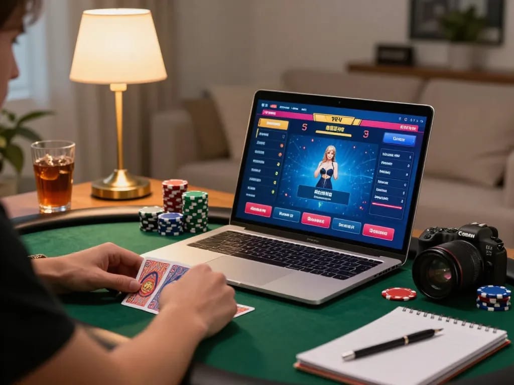 Engaging online gaming session at home with NOHU52 poker setup shown on laptop.