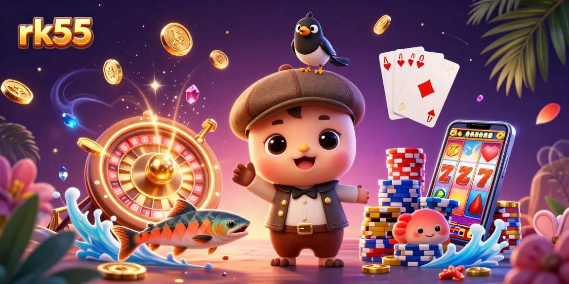 Experience rk55's excitement with colorful casino elements in a vibrant 3D scene.