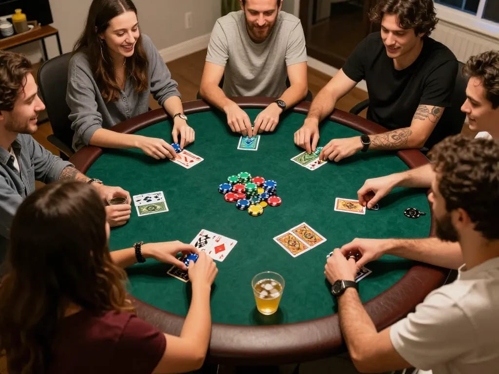 MPOID card players analyzing bets during a lively home poker night.
