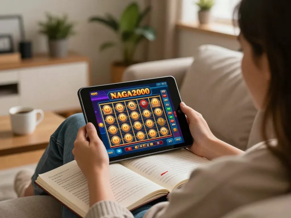 NAGA2000 player strategizing while enjoying home gaming experience on tablet, relaxed atmosphere.