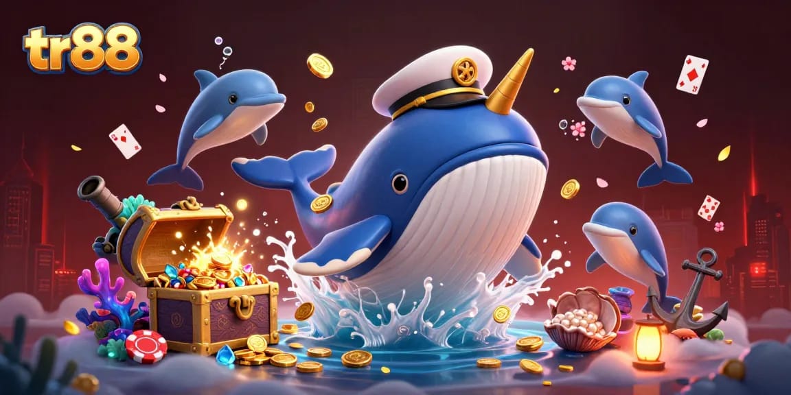 tr88 showcases a lively online gaming scene with a giant whale, narwhal, and dolphins amidst vibrant casino elements.