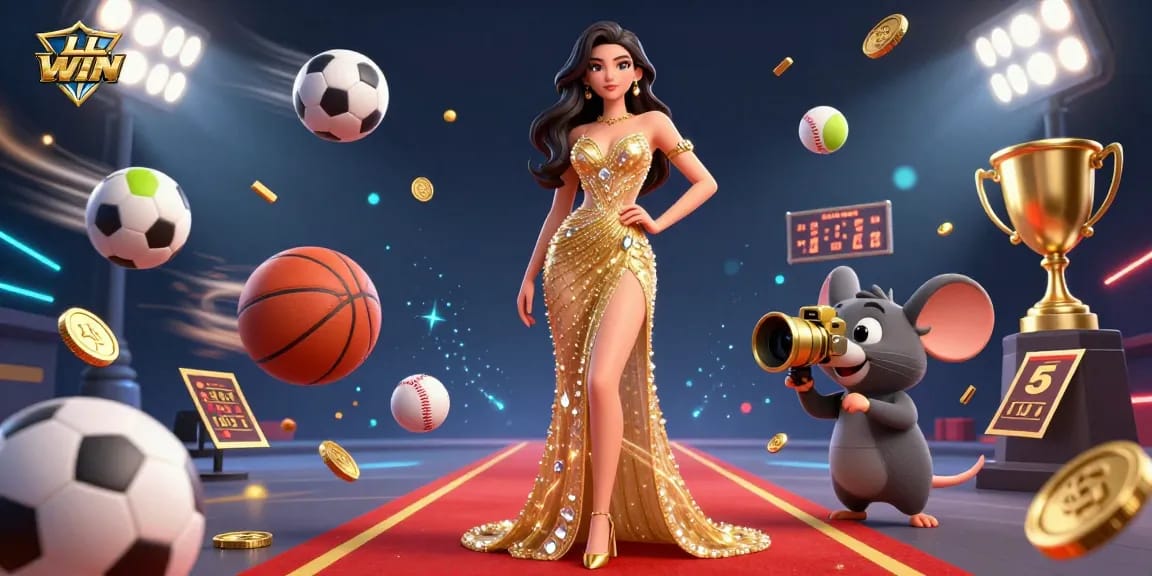Engage in exciting gameplay at LL WIN with a glamorous scene featuring a woman in a stunning gown and dynamic sports elements.