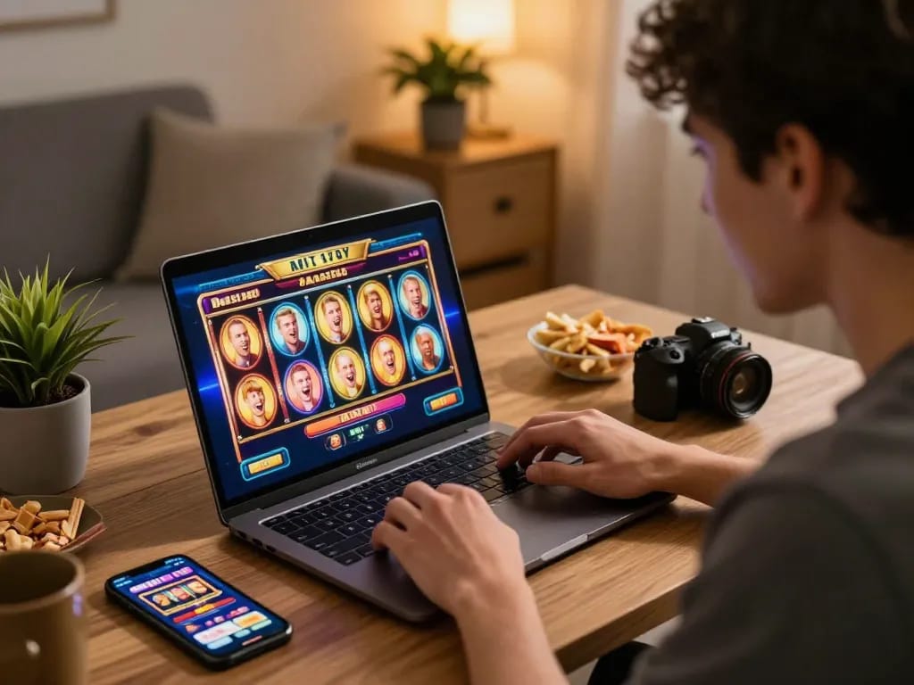 LGODEWA player enjoying exciting online slots on a laptop in a cozy home setting.