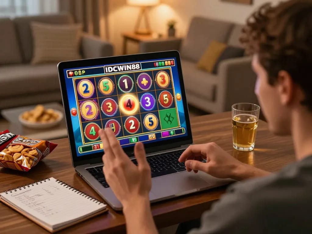 Player celebrating a huge win while playing IDCWIN88 slot machine on smartphone, showcasing thrilling online gaming environment.