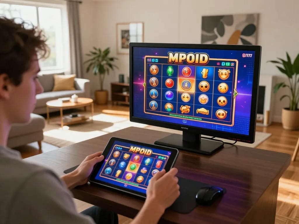 MPOID player enjoying an exciting online slot game from home with engaging visuals and warm atmosphere.