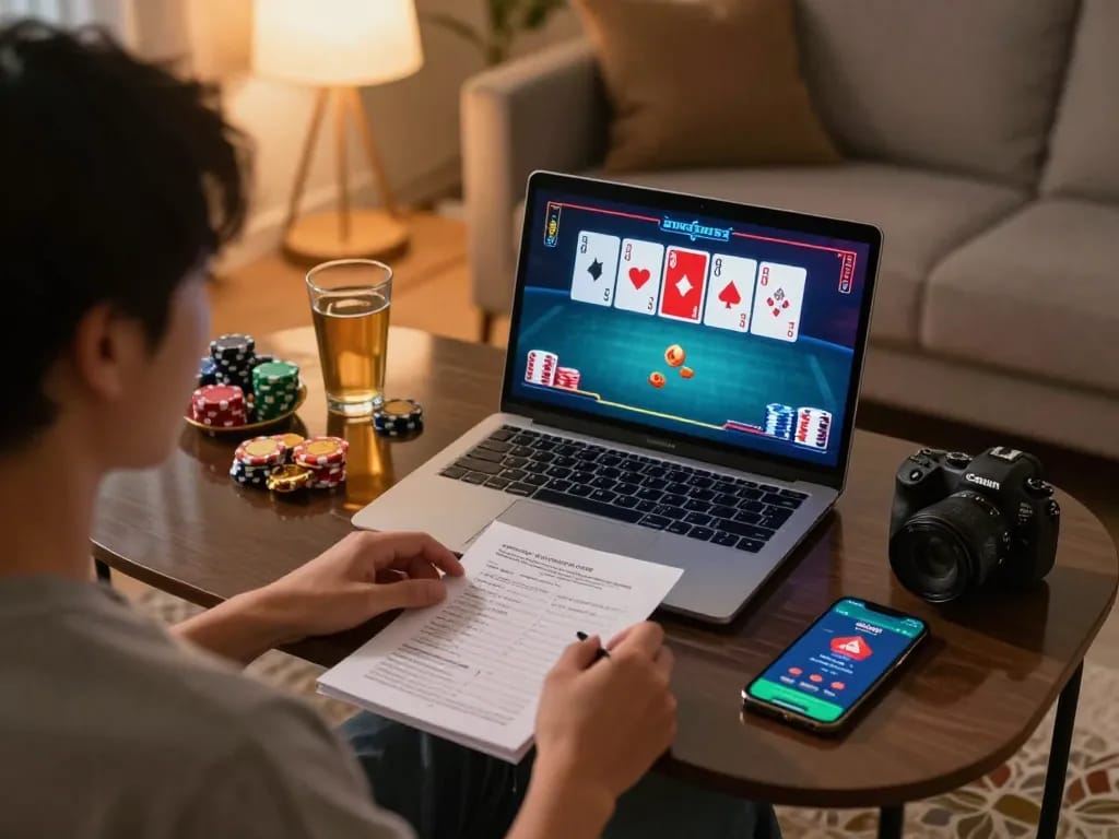 Person playing online poker on laptop, showcasing 888new com as part of an engaging gaming experience.