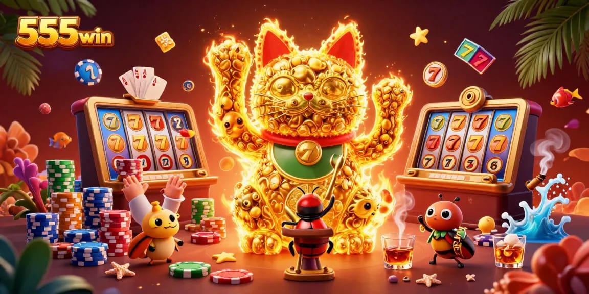 Experience the excitement of 555win with a vibrant 3D illustration of a lucky cat and casino elements.