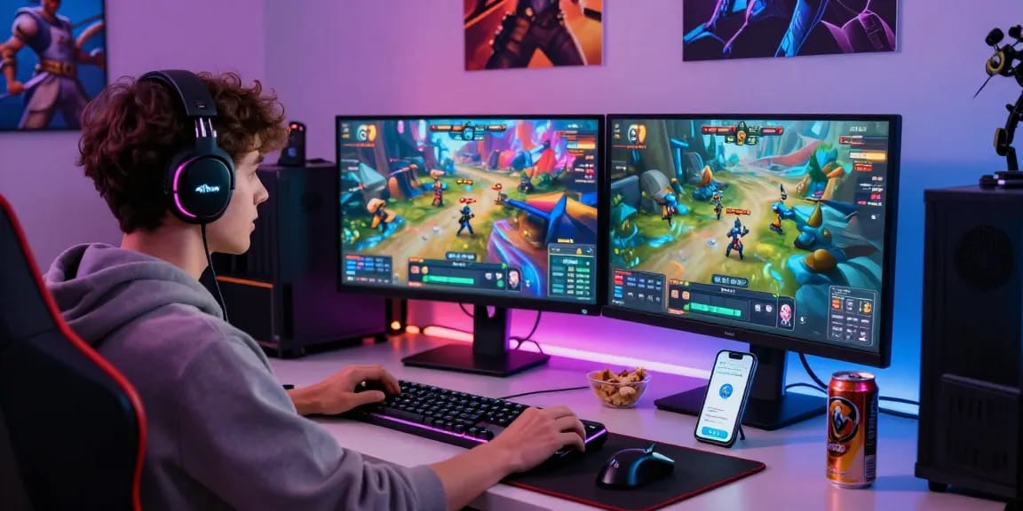 Engaged gamer using CIKA4D with vibrant game setup and accessories