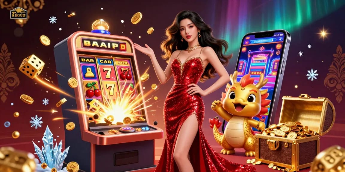 Engage with exciting casino games at Rikvip, featuring a 3D illustration of a woman in a glamorous gown and a golden dragon.