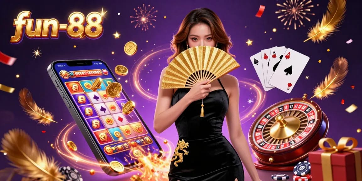Experience the excitement of fun-88 with a stunning illustration featuring vibrant casino elements, gaming energy, and beautifully rendered characters.