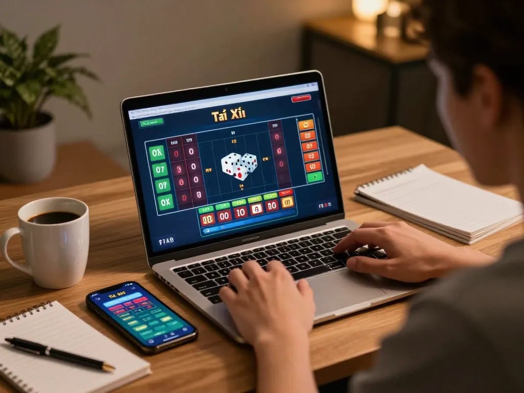 Tai Xỉu online gaming session on a laptop with responsible strategies highlighted on the desk.